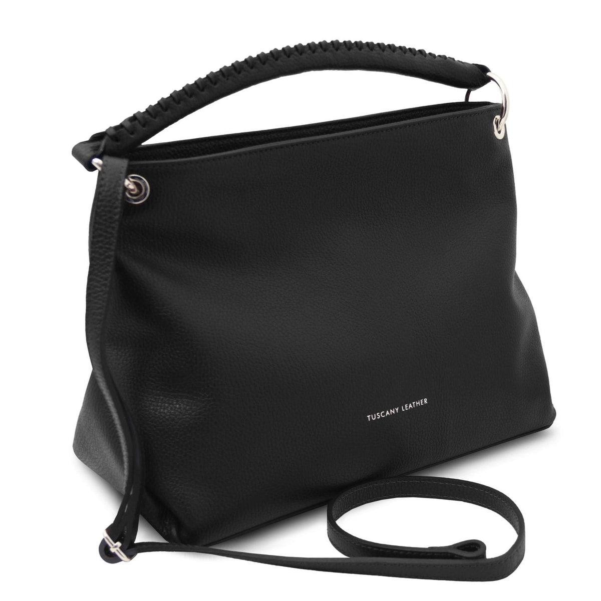 Nero TL Bag shown from side con bordo superiore curvo e long crossbody strap laid in front.