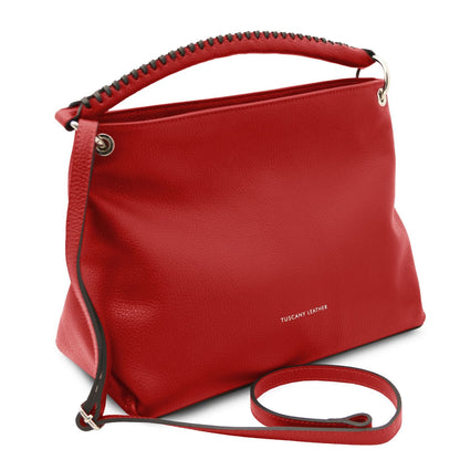 Rosso TL Bag soft Borsa in pelle italiana con braided manico superiore e tracolla removibile, Tuscany Leather logo on front.