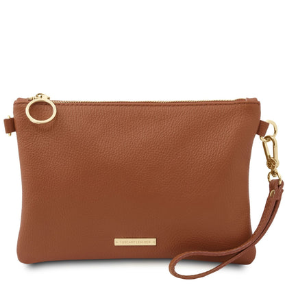 TL Bag - Soft Italian leather pouch clutch | TL142029 in brown pebbled leather with gold zipper and detachable wrist strap on white background