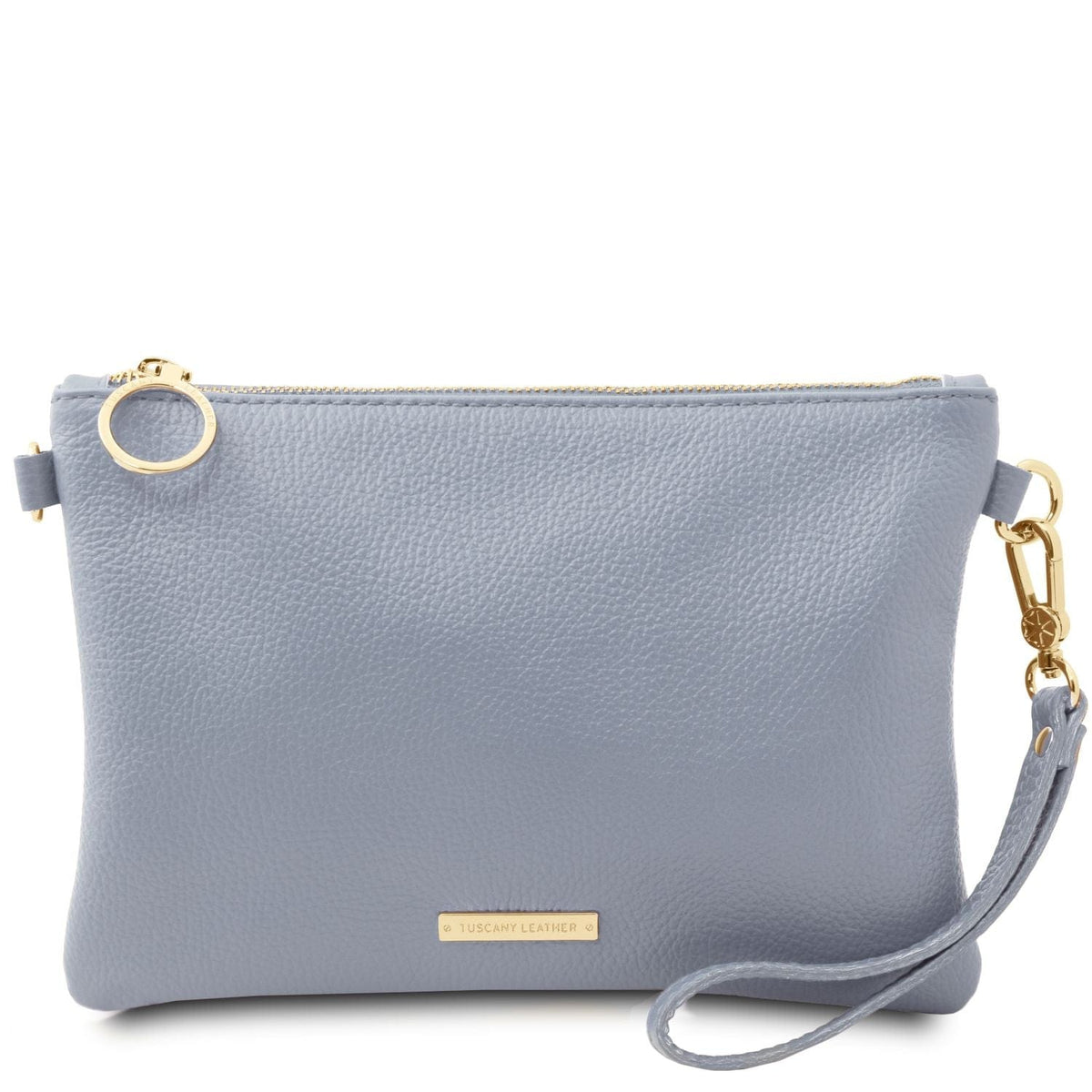 TL Bag - Soft Italian leather pouch clutch | TL142029 in light blue pebbled leather with gold zipper and detachable wrist strap on white background