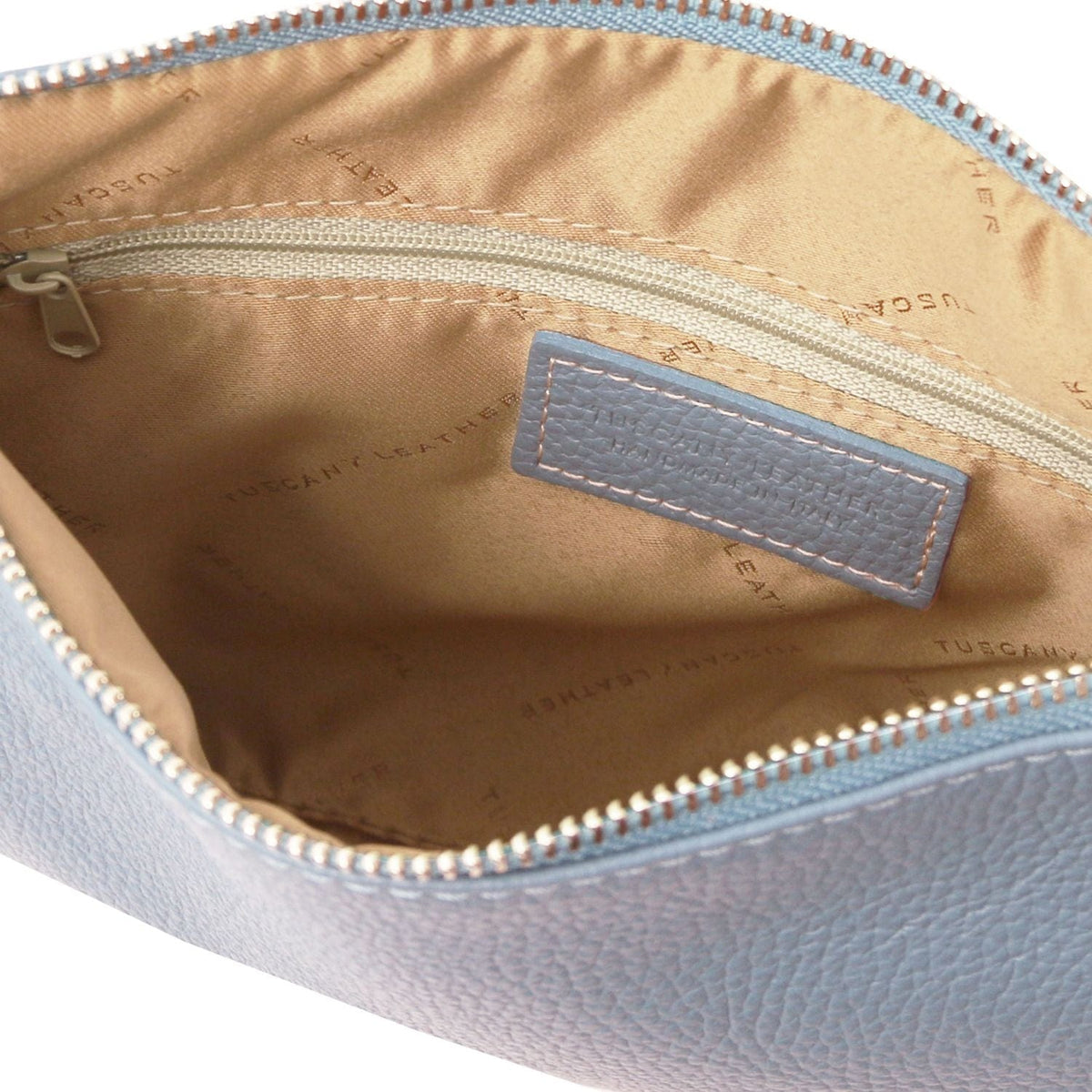 TL Bag - Soft Italian leather pouch clutch | TL142029 in light blue pebbled leather with zippered inner pocket and fabric lining on white background