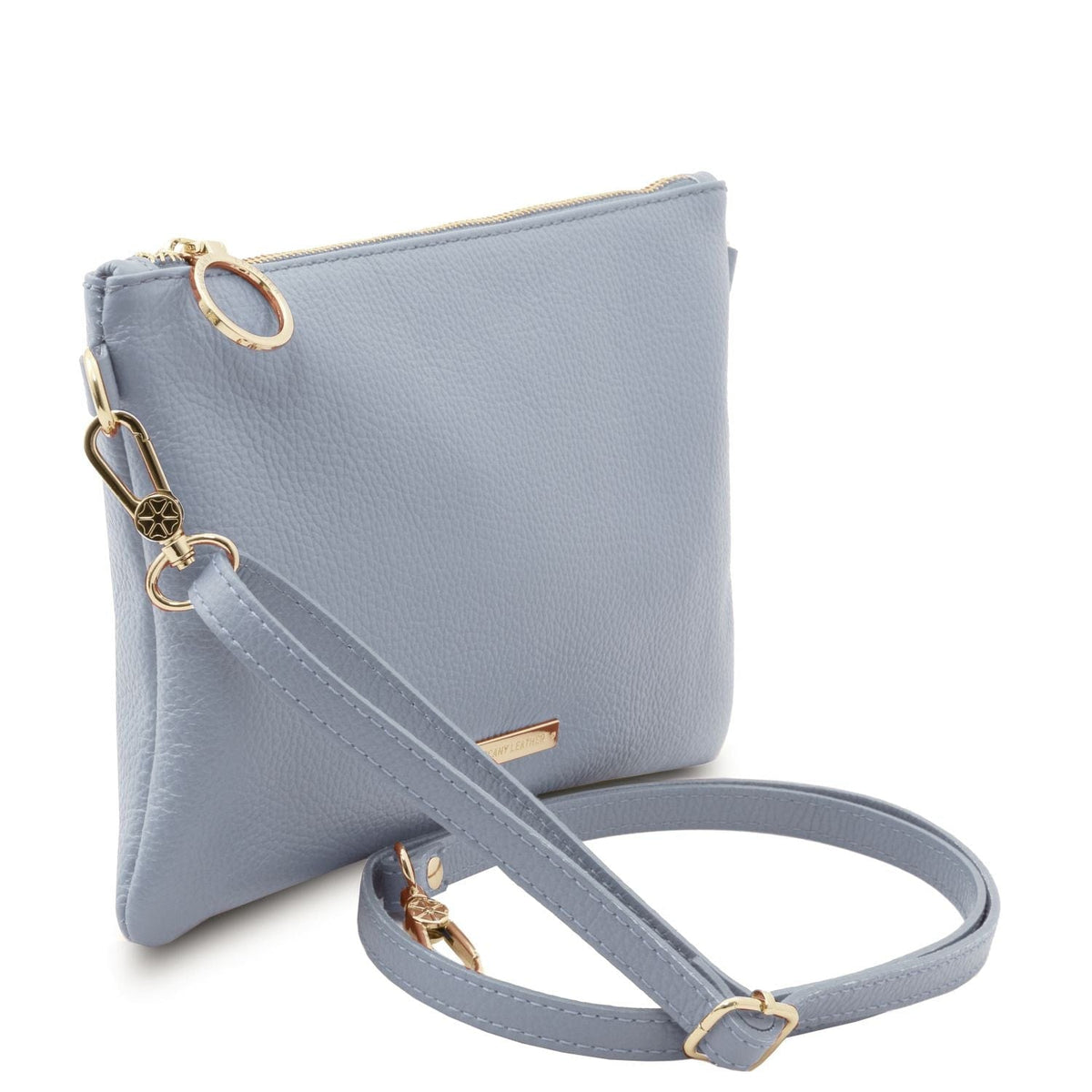 TL Bag - Soft Italian leather pouch clutch | TL142029 in soft blue with pebbled texture, gold hardware, and detachable strap on white background