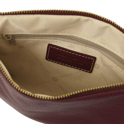 TL Bag - Soft Italian leather pouch clutch | TL142029 in burgundy with pebbled texture and interior zip pocket shown open on white background