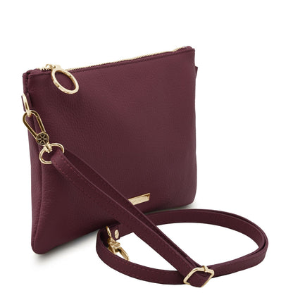 TL Bag - Soft Italian leather pouch clutch | TL142029 in burgundy with pebbled texture, gold hardware, and detachable strap on white background