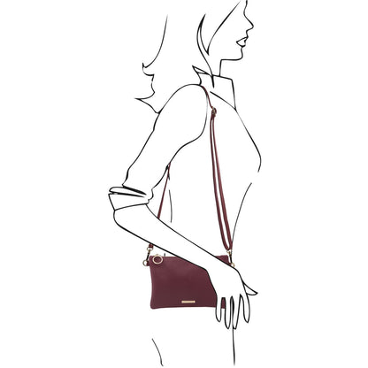 TL Bag - Soft Italian leather pouch clutch | TL142029 in deep burgundy with detachable strap and gold-tone hardware worn crossbody on white background