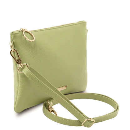 Soft green Italian leather pouch clutch with detachable strap and gold-tone hardware details.