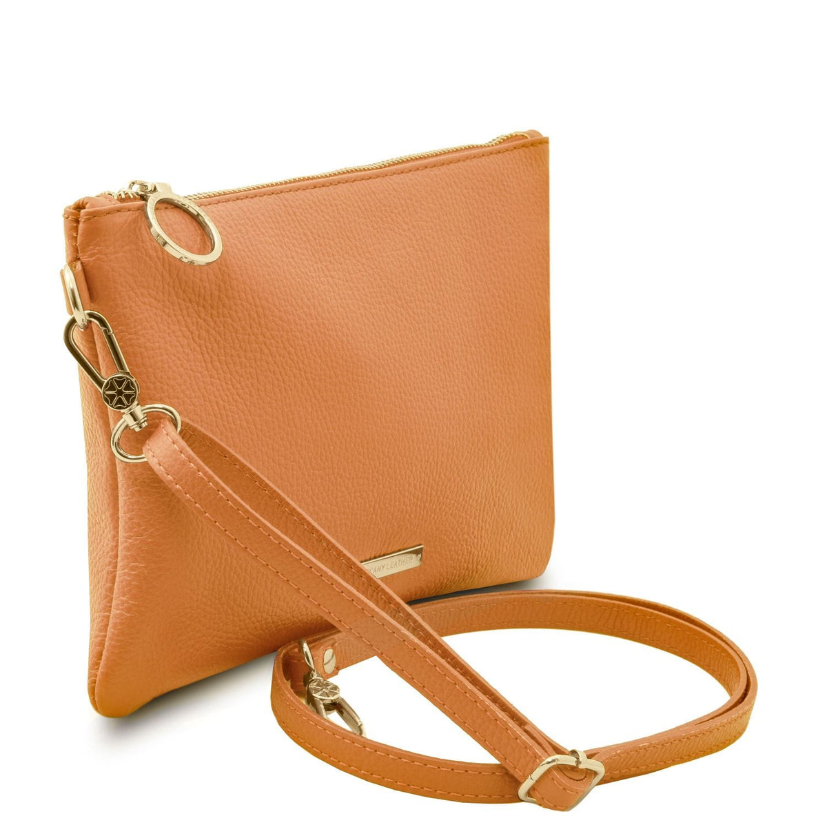 Soft orange tan Italian leather pouch clutch with a detachable strap and gold hardware.