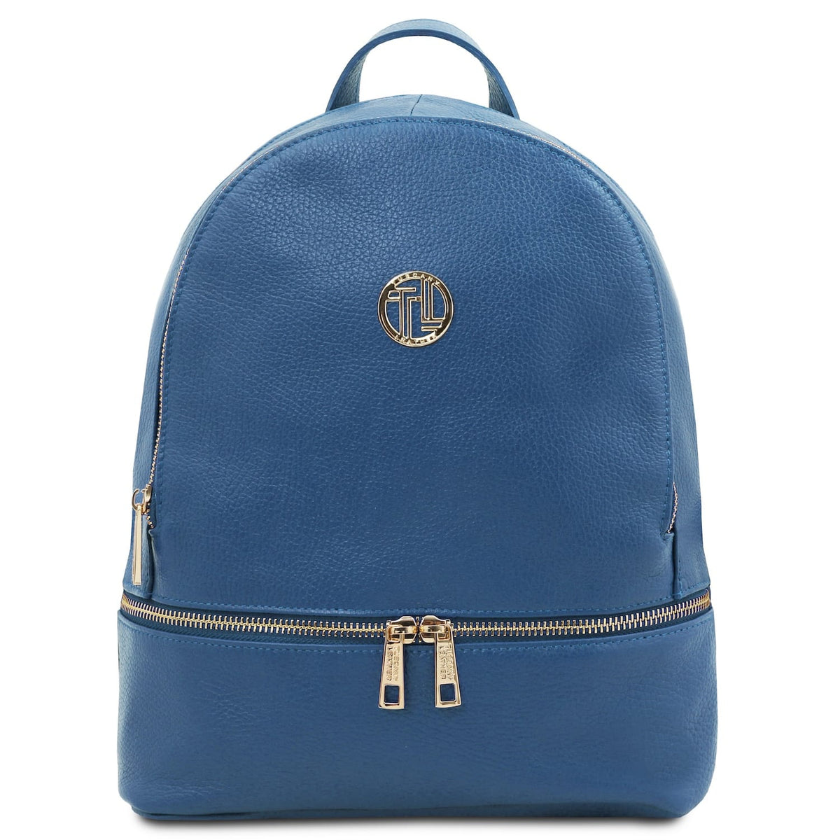 Blue leather backpack with fermetures zippées dorées poignée supérieure and front circular logo