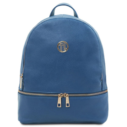 Blue leather backpack with fermetures zippées dorées poignée supérieure and front circular logo