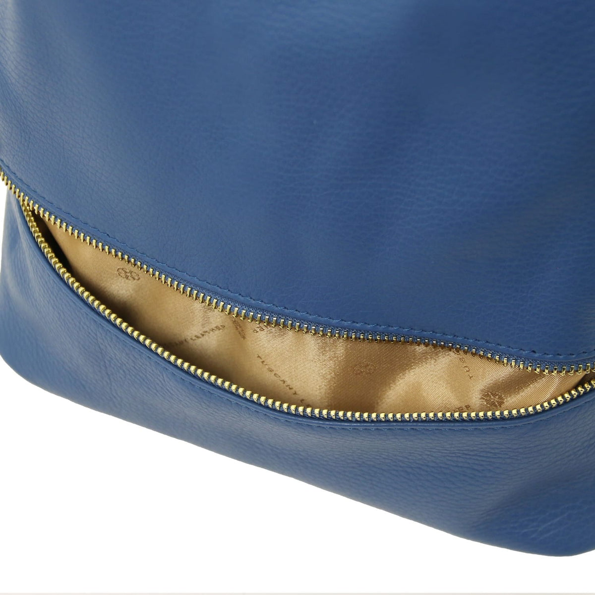 Gros plan of blue leather TL Bag backpack exterior with a fermeture zippée dorée along a curved opening.
