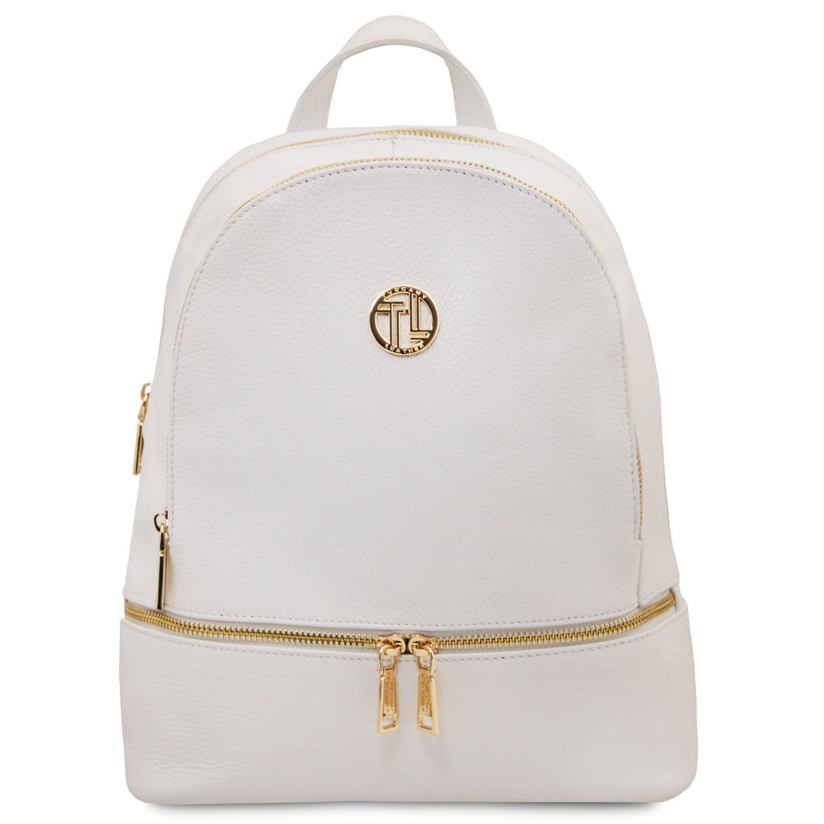 Crème white cuir souple backpack with gold-tone zippers and a round plaque logo dorée on the front.