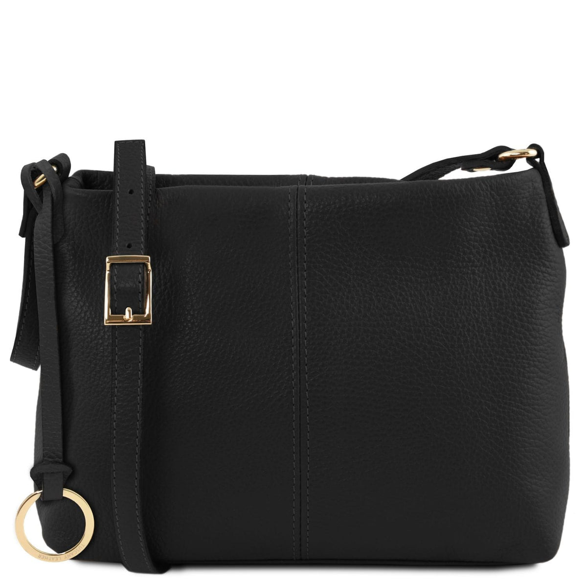 Schwarz weiches Leder shoulder bag with gold buckle strap and circular ring charm.