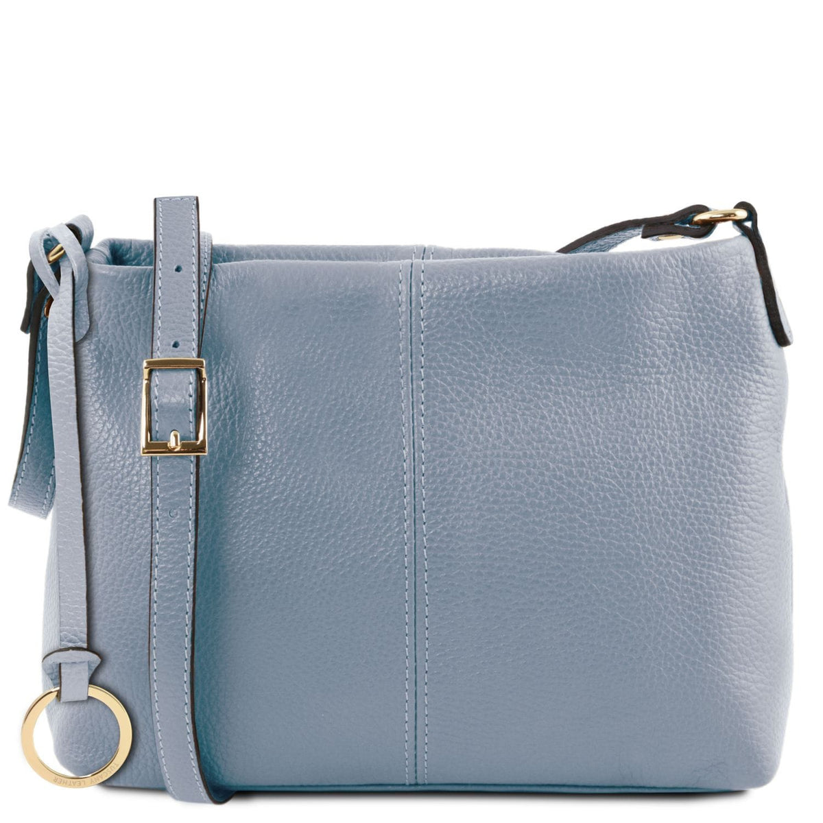 TL Bag soft hellblau leather shoulder bag with verstellbarer Riemen and gold buckle.