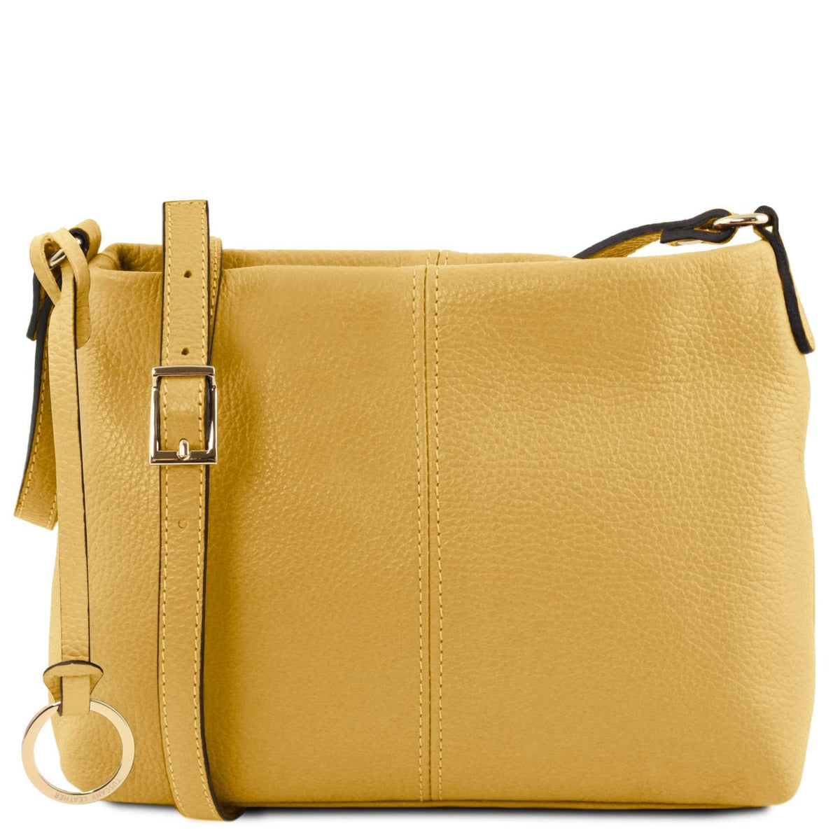 Senfgelb weiches Leder shoulder bag with verstellbarer Riemen and gold buckle and circular ring charm.