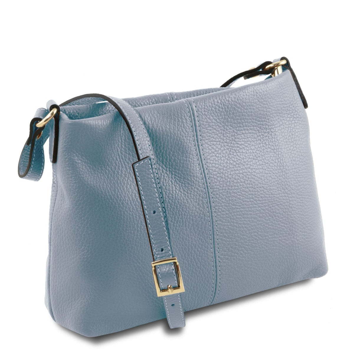 Soft blue Vollnarbenleder shoulder bag with verstellbarer Riemen and gold-tone buckle hardware, made in Italy.