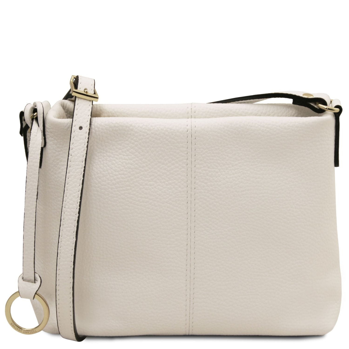 Creme-colored weiches Leder shoulder bag with verstellbarer Riemen and gold-tone ring detail on the side.