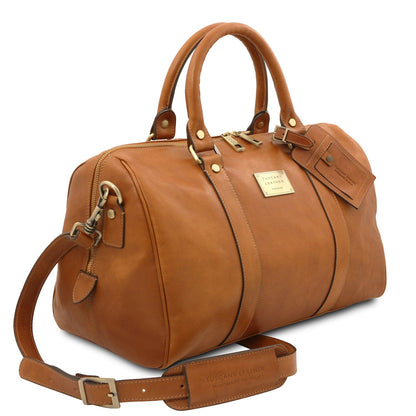 Leather Travel bags TL Voyager - Travel leather duffle bag with pocket on the back side in matte leather - Small size | TL141250 San Rocco Italia