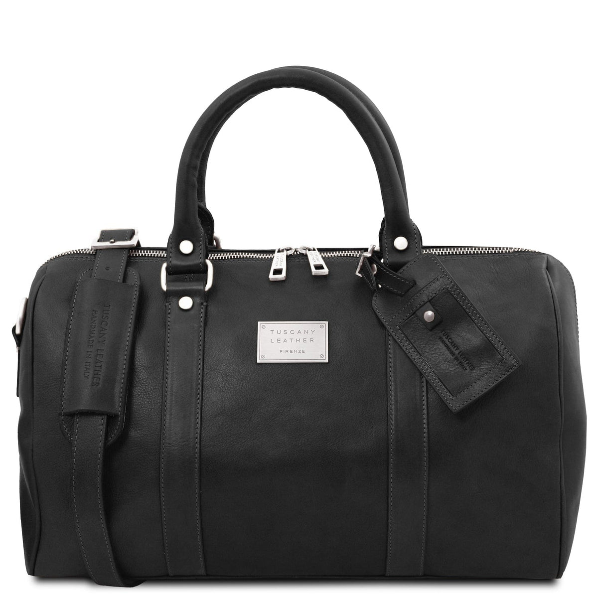 Leather Travel bags Black TL Voyager - Travel leather duffle bag with pocket on the back side in matte leather - Small size | TL141250 San Rocco Italia