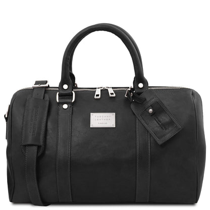 Leather Travel bags Black TL Voyager - Travel leather duffle bag with pocket on the back side in matte leather - Small size | TL141250 San Rocco Italia