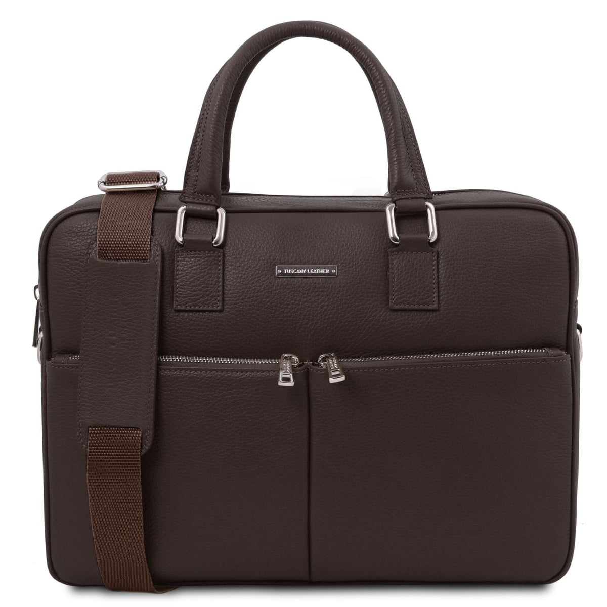 Brown Treviso leather laptop briefcase with two top handles and a brown detachable shoulder strap