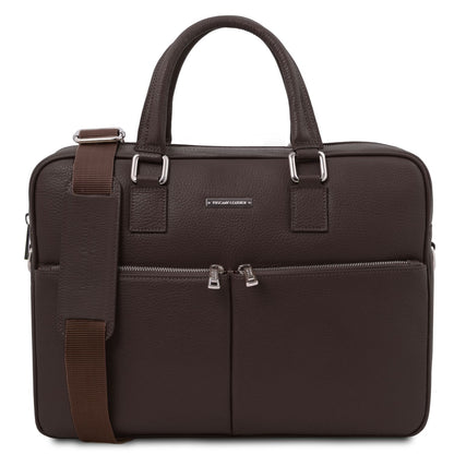 Brown Treviso leather laptop briefcase with two top handles and a brown detachable shoulder strap