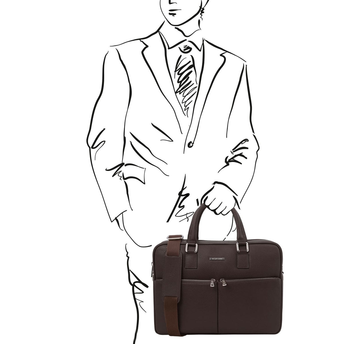 Treviso brown leather laptop briefcase with top handles and a detachable strap.
