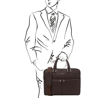 Treviso brown leather laptop briefcase with top handles and a detachable strap.