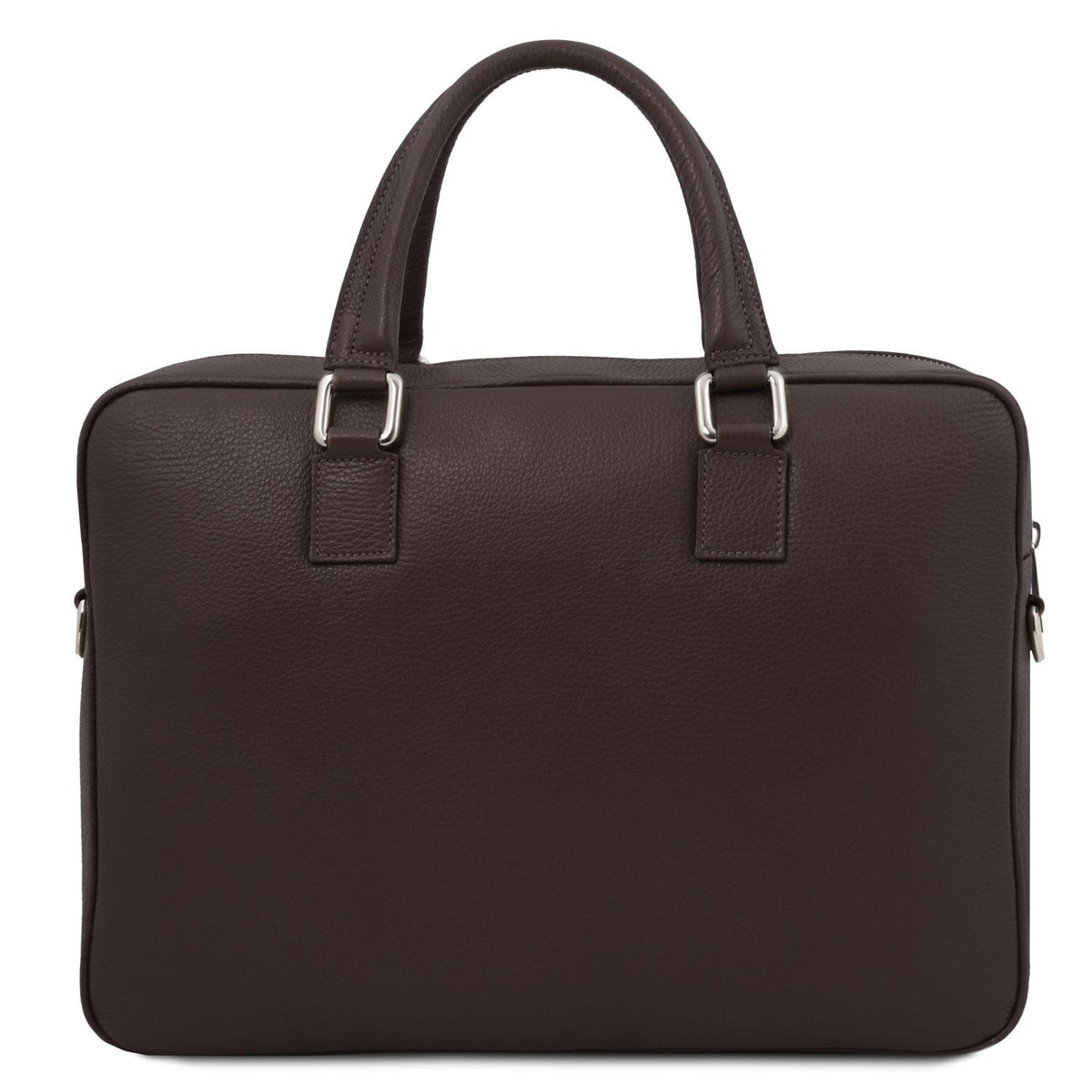 Treviso leather laptop briefcase in dark brown with two top handles and silver hardware