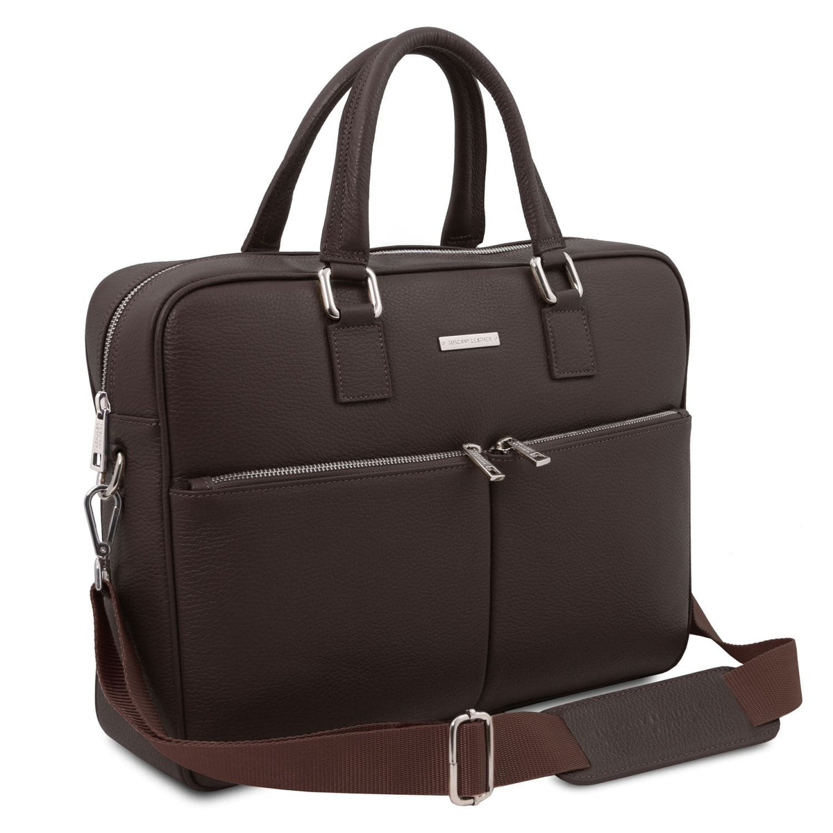 Front view of Treviso leather laptop briefcase with two front pockets and silver zippers