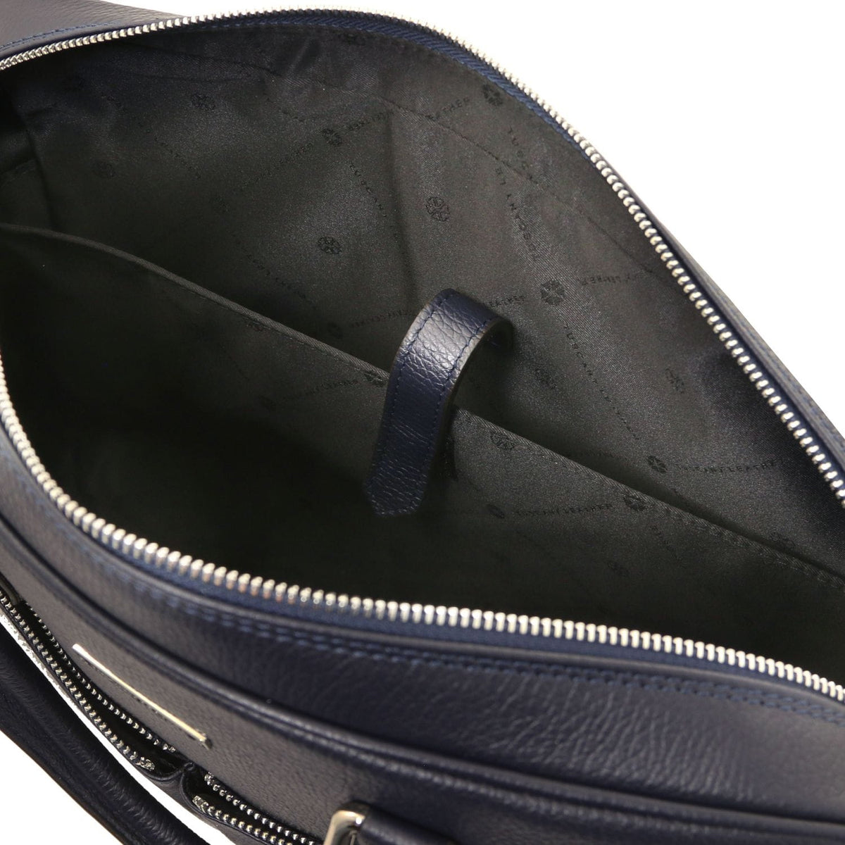 Inside view of navy Treviso leather laptop briefcase showing a central leather strap and dark lined interior.