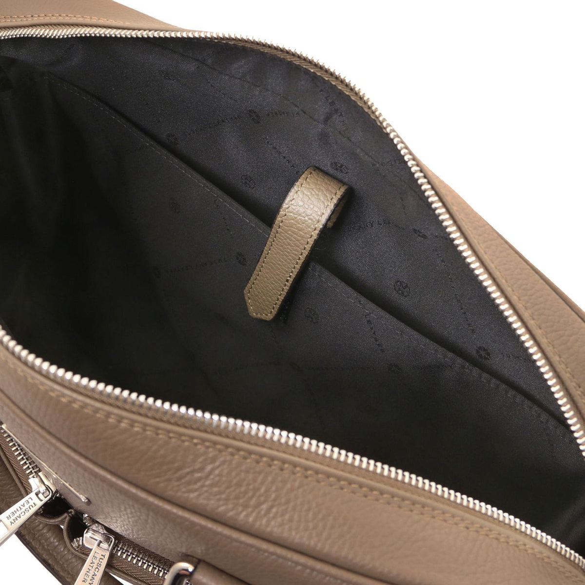 Open view of Treviso leather laptop briefcase with tan exterior zipper and interior strap.