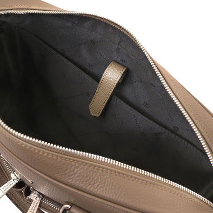 Open view of Treviso leather laptop briefcase with tan exterior zipper and interior strap.
