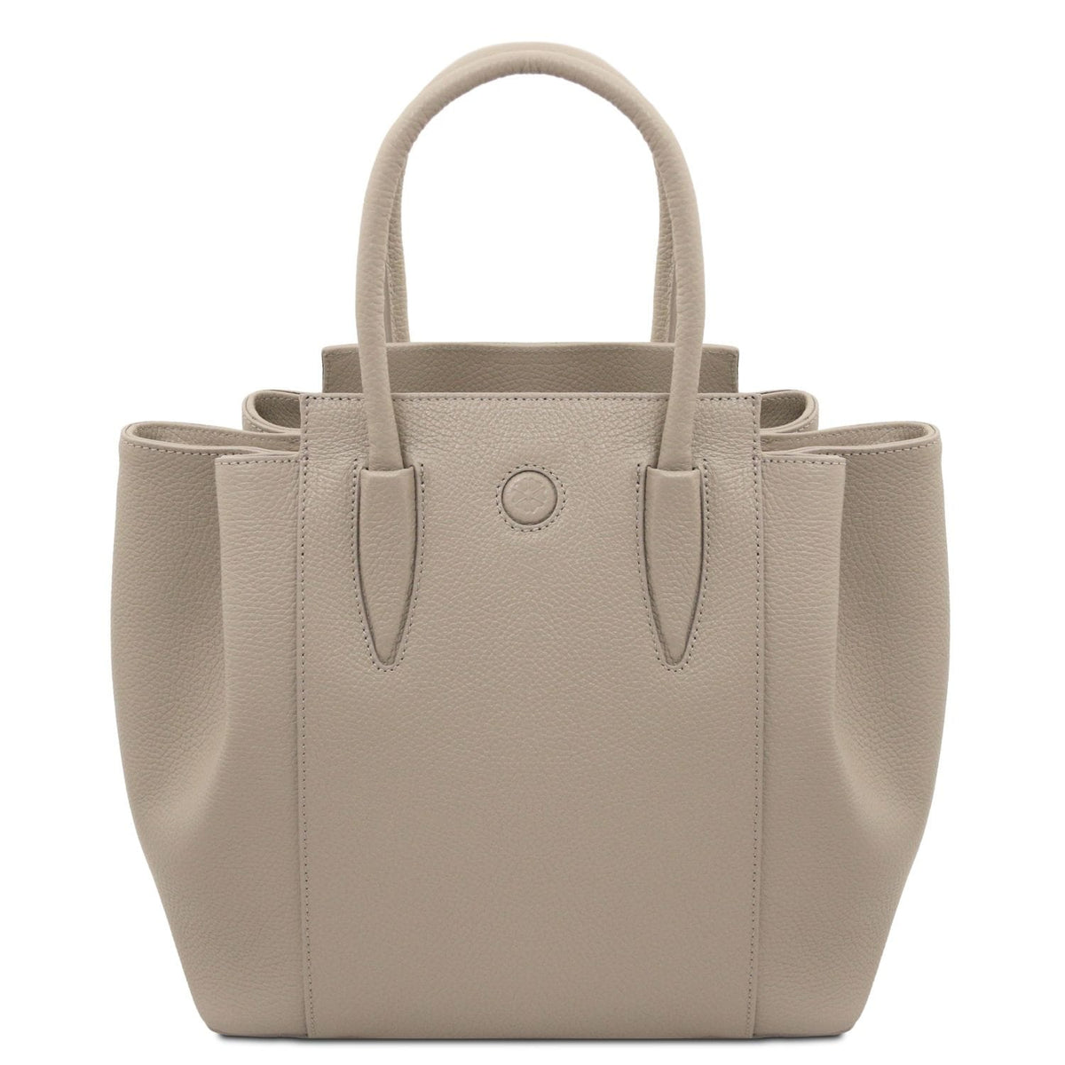 Taupe Tulipan Italian leather handbag with pebbled texture and two rounded top handles.