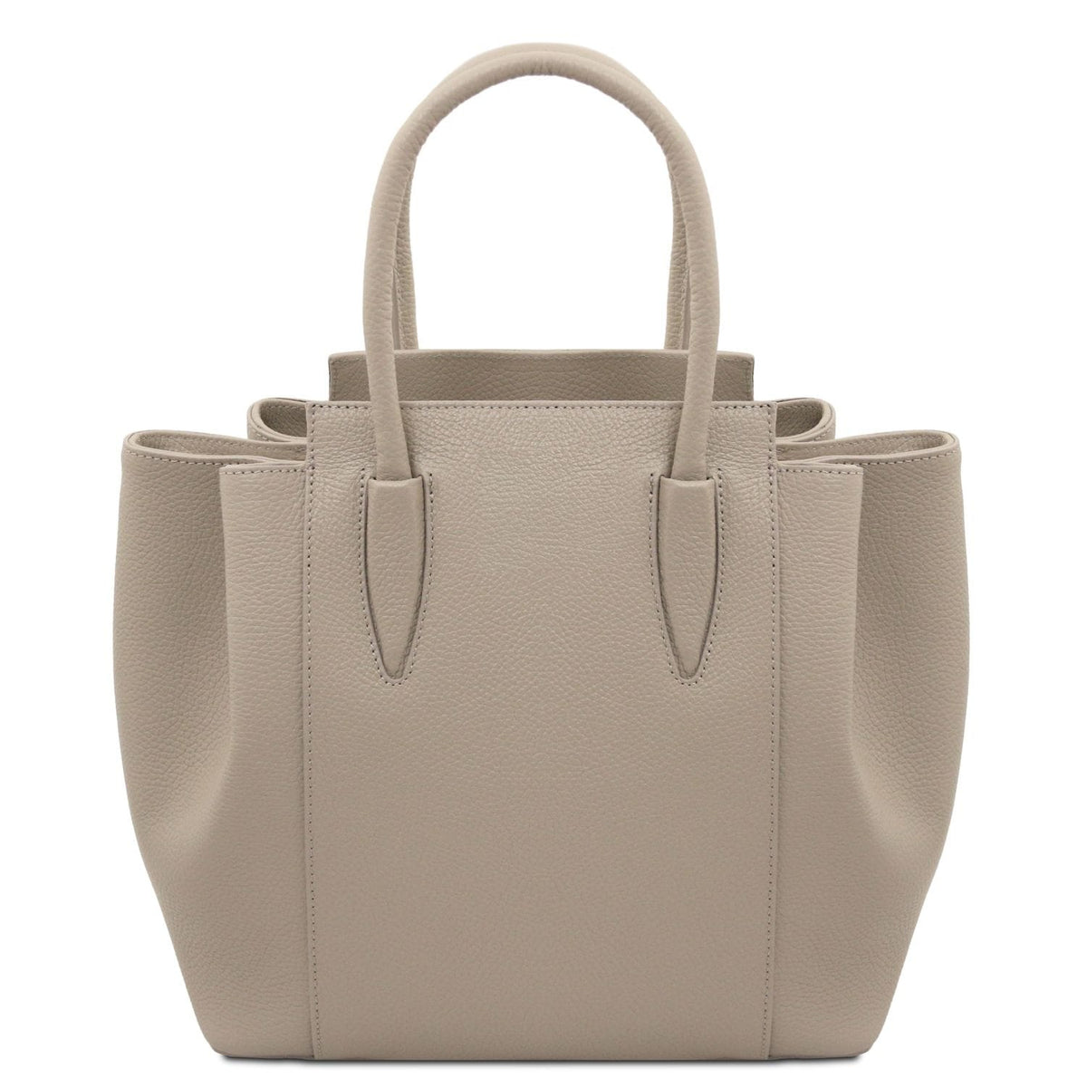 Taupe Italian leather handbag with pebbled texture, structured shape, and two rounded top handles.