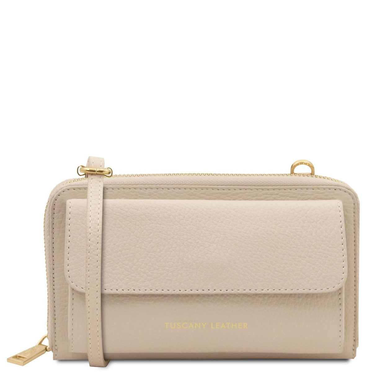 Beige leather cartera para móvil with strap and bolsillo delantero con solapa with gold Tuscany Leather logo
