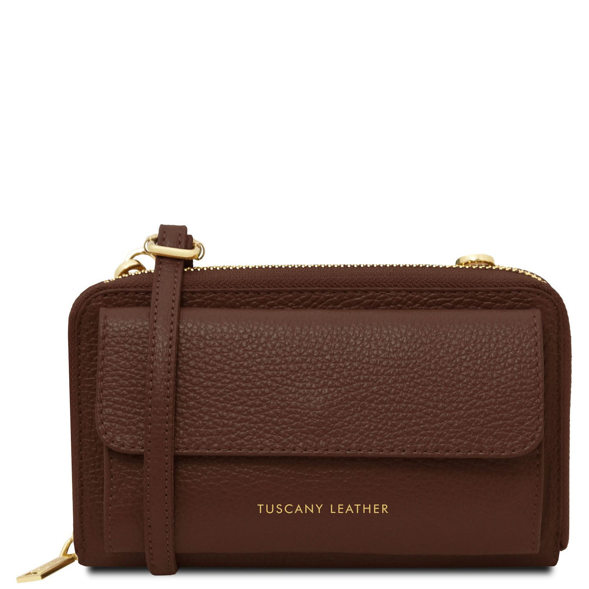Urania - Leather phone wallet with strap | TL142433 in dark brown piel granulada with front flap pocket and herrajes dorados sobre fondo blanco