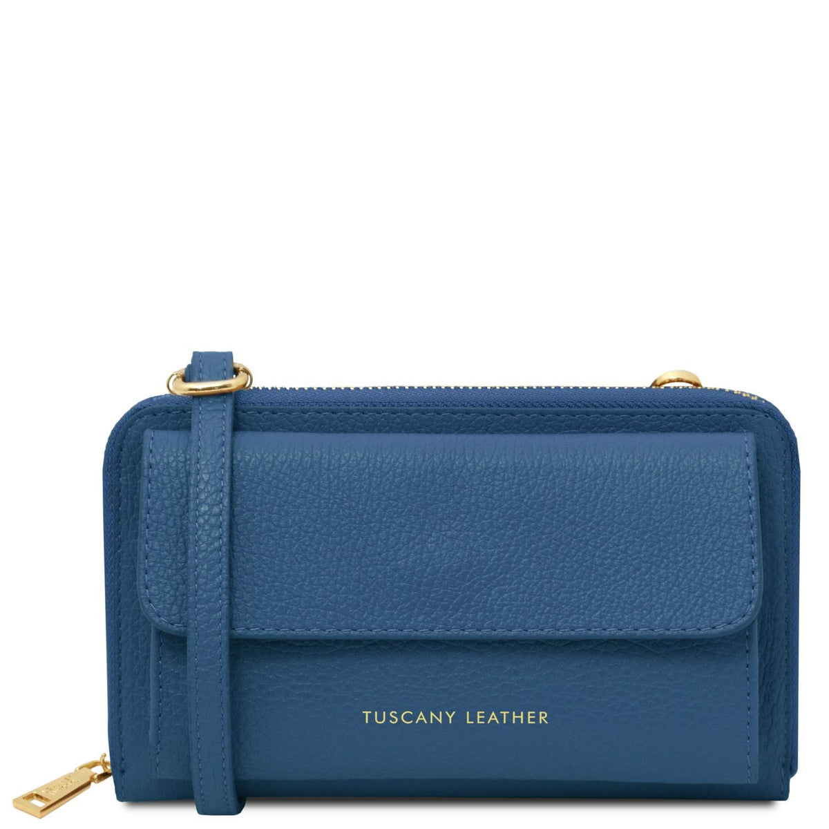 Denim blue cartera de piel with strap sobre fondo blanco, con 'Tuscany Leather' branding.