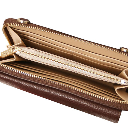 Urania - Leather phone wallet with strap | TL142433 in dark brown piel granulada with multiple card slots and zippered compartment sobre fondo blanco