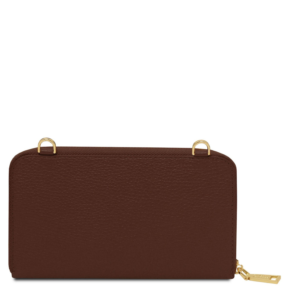 Urania - Leather phone wallet with strap | TL142433 in dark brown piel granulada with herrajes dorados zipper pull sobre fondo blanco
