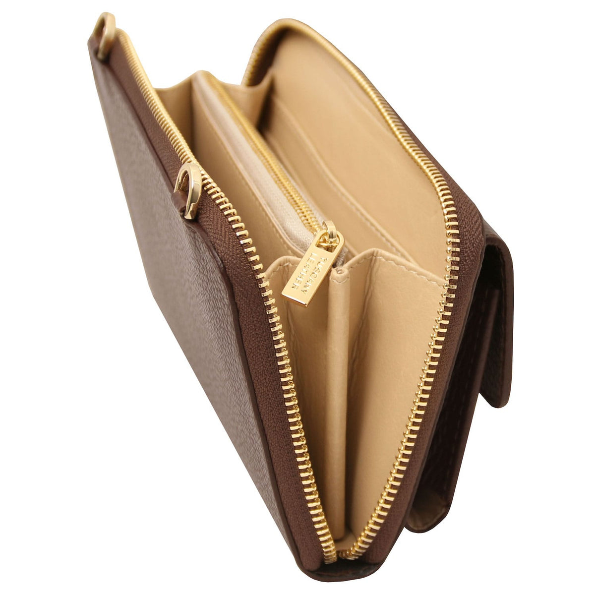 Urania - Leather phone wallet with strap | TL142433 in brown piel granulada with beige interior and gold zipper detail sobre fondo blanco