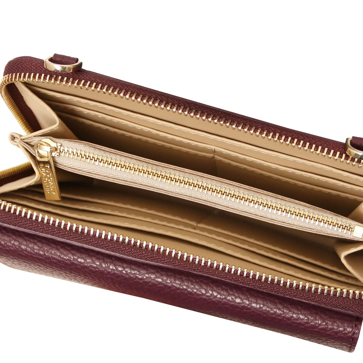Urania - Leather phone wallet with strap | TL142433 in burgundy piel granulada with gold zipper and multiple card slots sobre fondo blanco