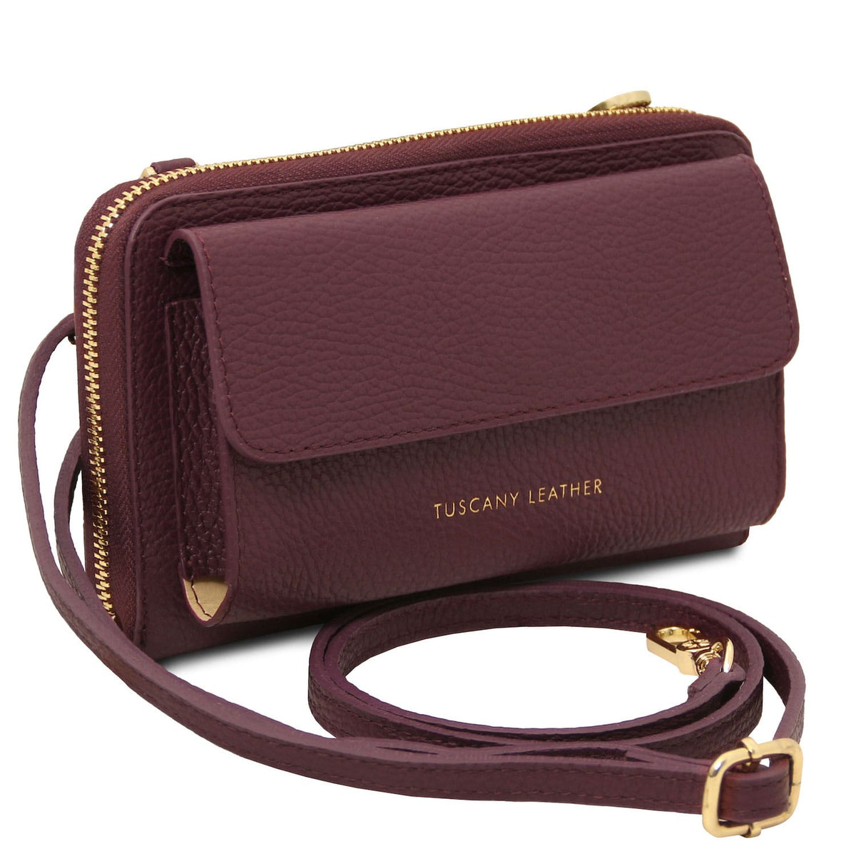 Urania - Leather phone wallet with strap | TL142433 in burgundy piel granulada with herrajes dorados and front flap pocket sobre fondo blanco.