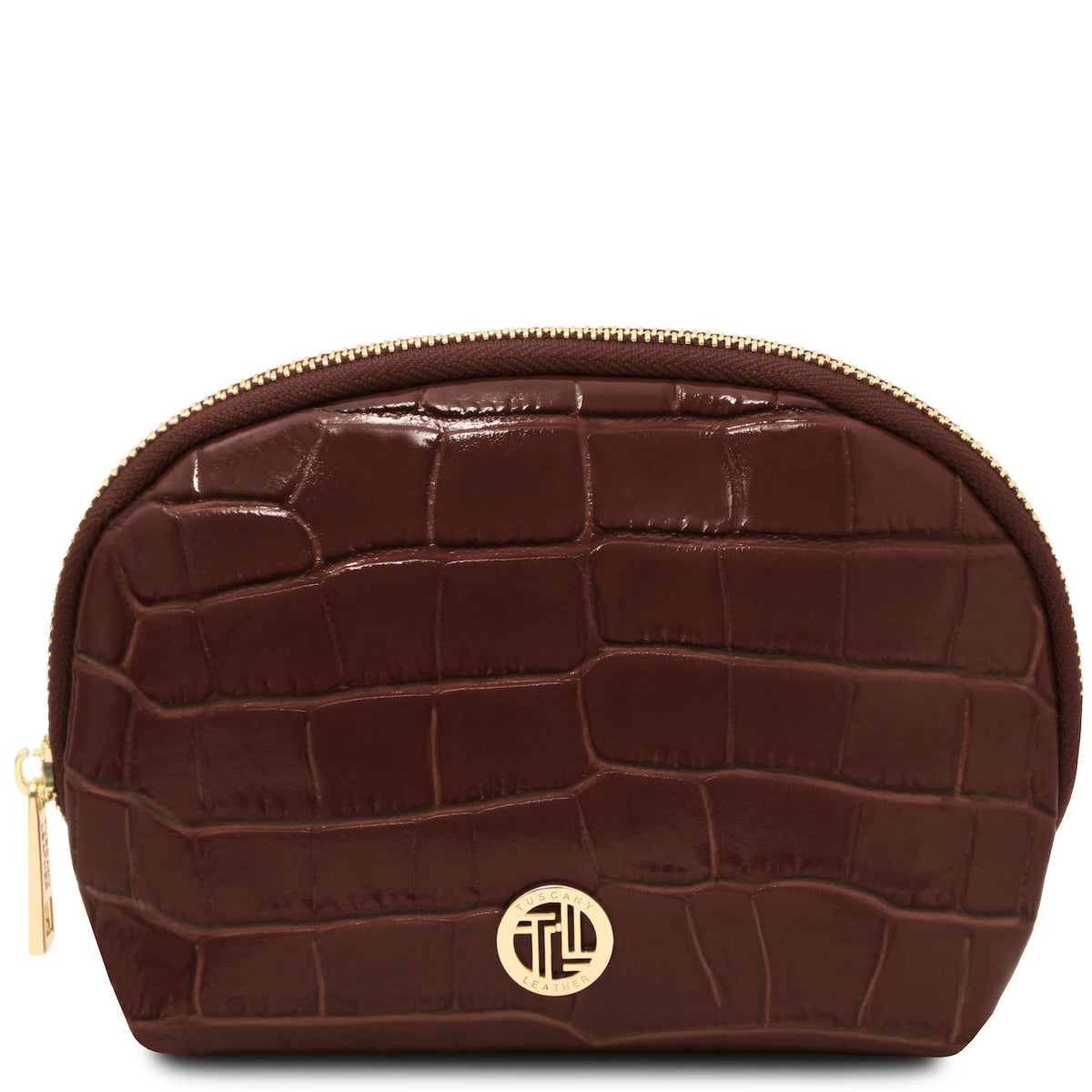 Vera - Croc print leather toiletry case | TL142514 in dark brown embossed leather with gold-tone hardware and zip closure on white background