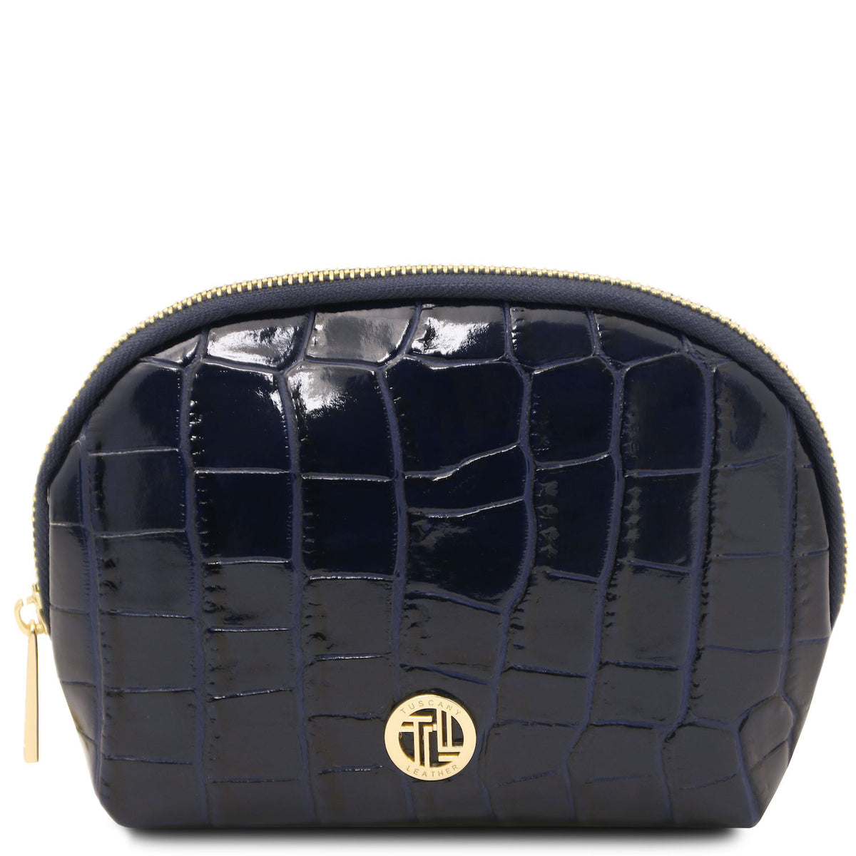 Vera - Croc print leather toiletry case | TL142514 in black embossed leather with gold-tone hardware and zip closure on white background
