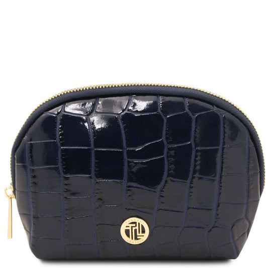 Vera - Croc print leather toiletry case | TL142514 in black embossed leather with gold-tone hardware and zip closure on white background