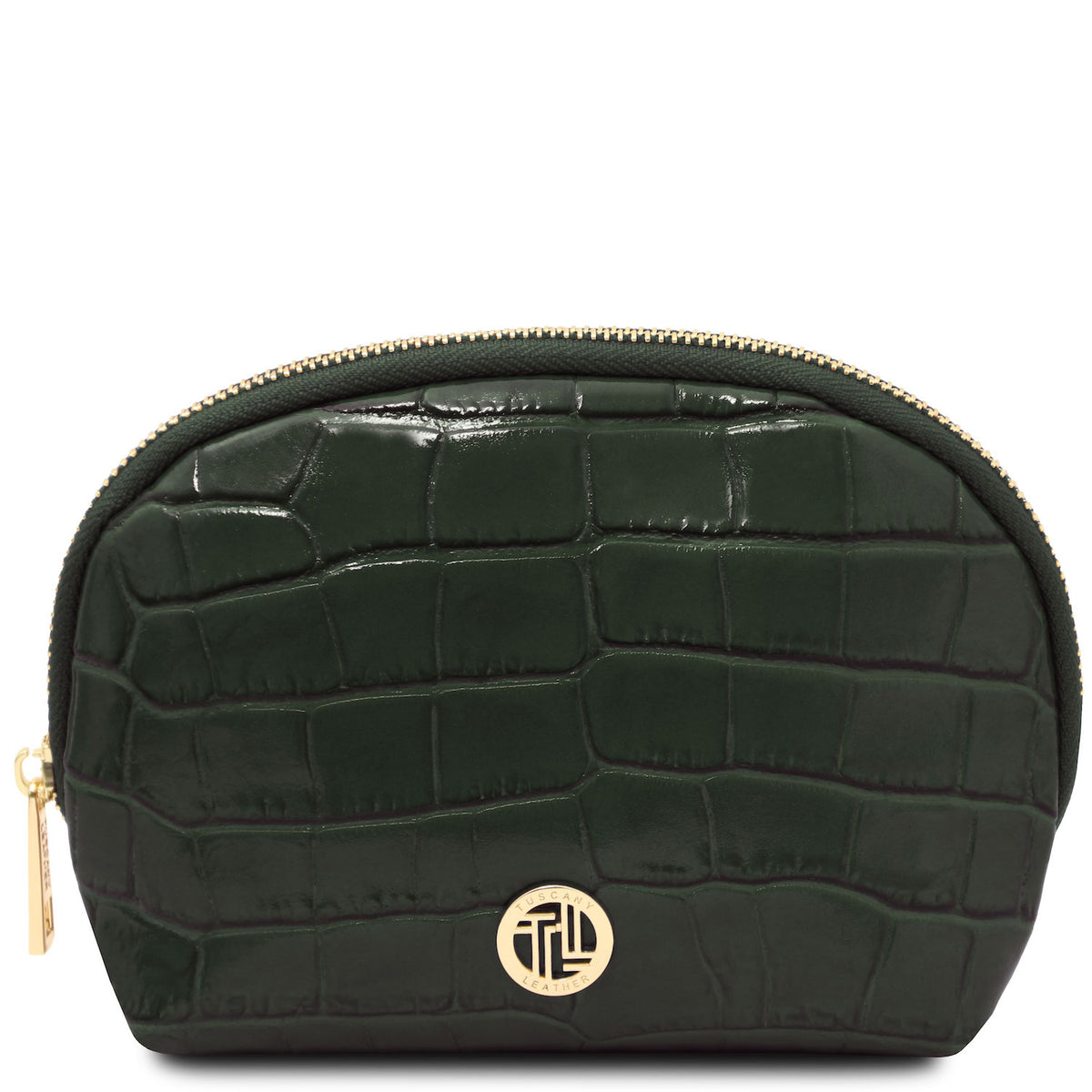 Vera - Croc print leather toiletry case | TL142514 in dark green embossed leather with gold-tone zipper and round metal accent on white background