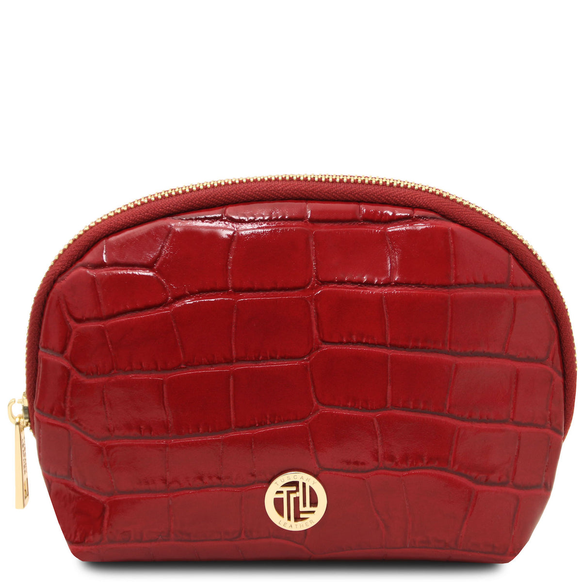 Vera - Croc print leather toiletry case | TL142514 in red embossed leather with gold-tone hardware and zip closure on white background