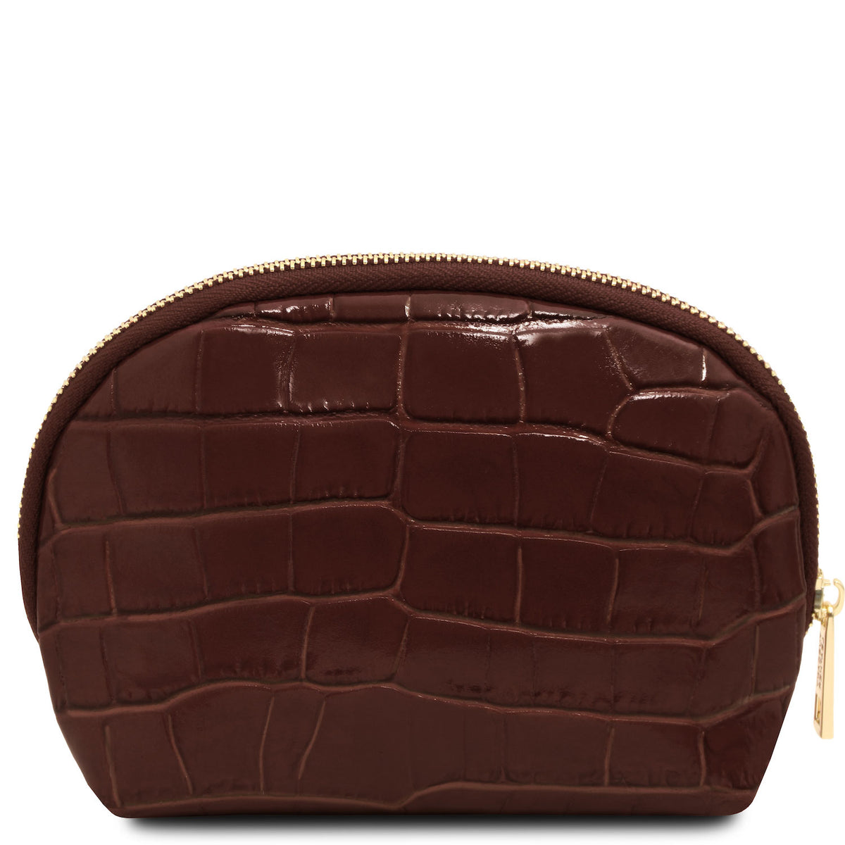 Vera - Croc print leather toiletry case | TL142514 in dark brown embossed leather with semi-rigid structure and gold-tone zip closure on white background