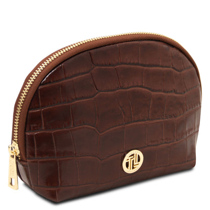 Vera - Croc print leather toiletry case | TL142514 in dark brown embossed leather with gold-tone zipper and metal hardware on white background