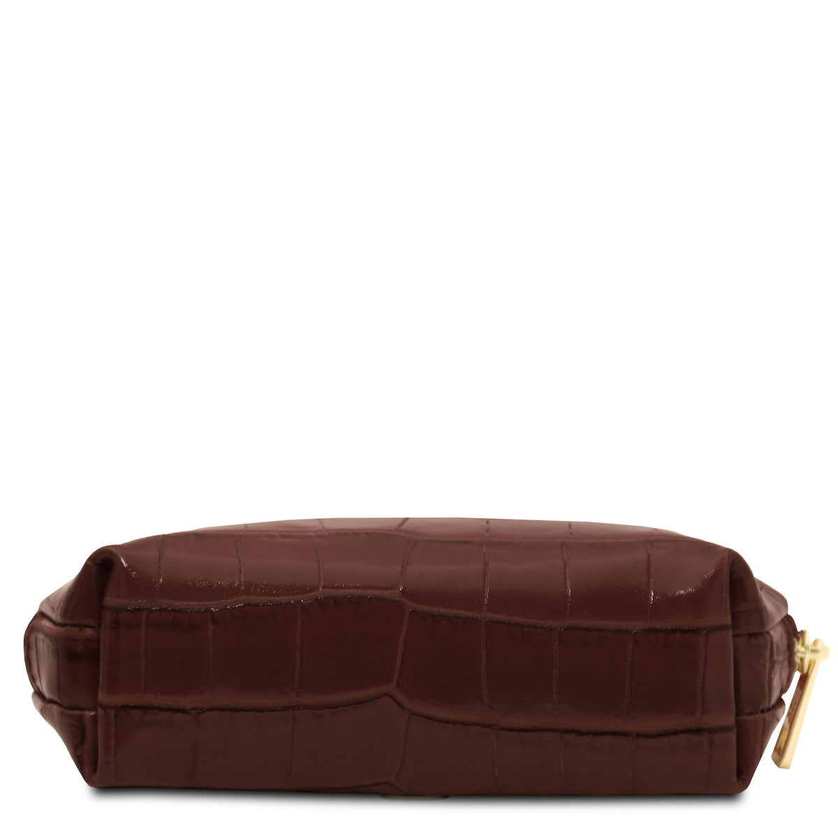 Vera - Croc print leather toiletry case | TL142514 in dark brown embossed leather with gold-tone zipper on white background